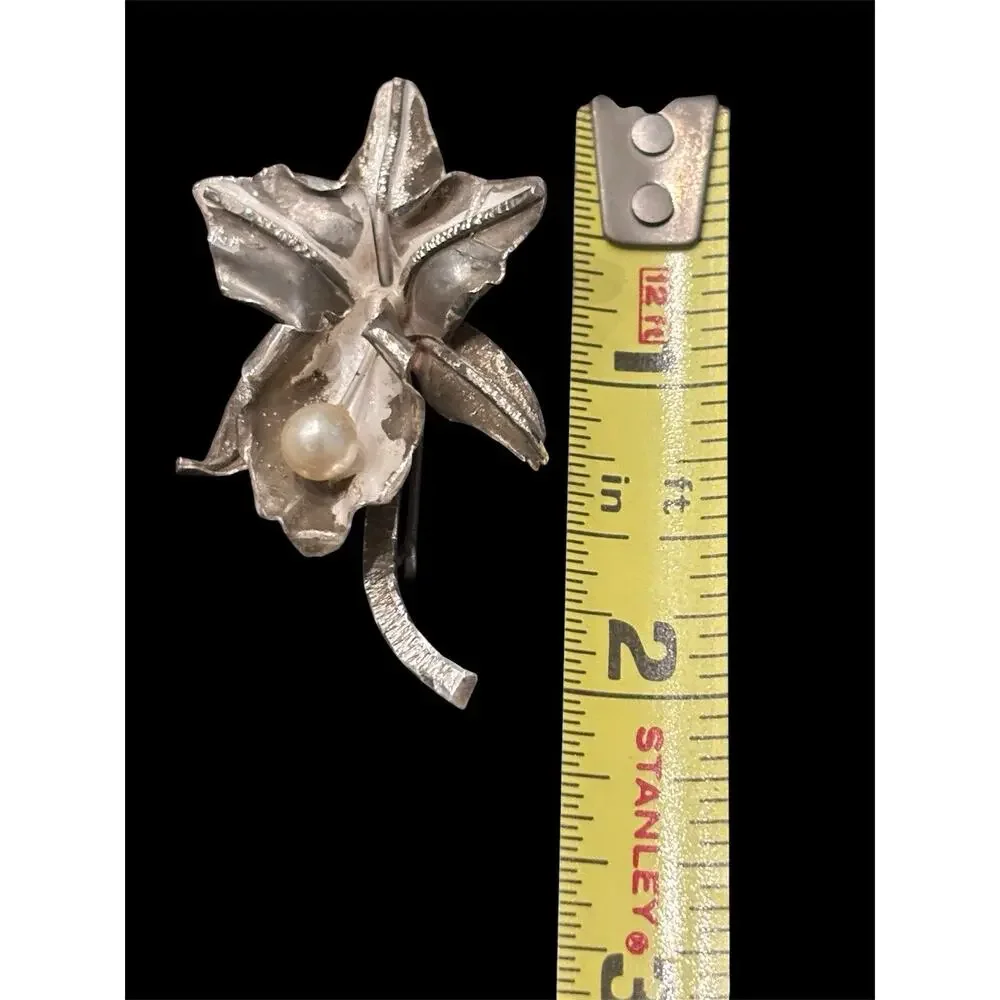 Vtg Sterling Silver Acid Etched Orchid Brooch 925 5.9g